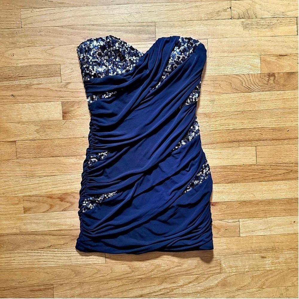 Deb Navy Blue Sequined Strapless Mini Dress